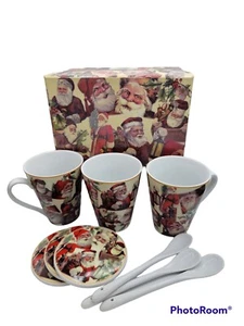 Santa Decoupage Coffee Mugs Coasters & Spoons In Box Living Quarters Set Of Nine - Picture 1 of 3