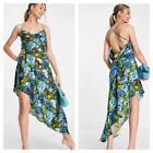 Topshop NWT Blue & Green Floral Asymmetrical Cowl Neck Slip Dress Size 12