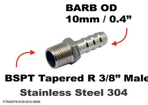 BSPT Tapered R 3/8" Male to BARB OD 10mm / 0.4" Stainless Tail Adaptor Hose - Picture 1 of 6