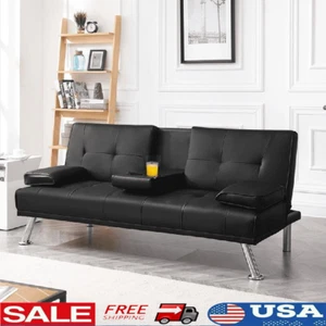 Faux Leather Futon Sofa Bed W/ Cupholders & Pillows Small Spaces Convertible New - Picture 1 of 10
