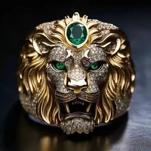 3Ct Oval Cut Lab Created Emerald Men's Lion King Ring 14K Yellow Gold Plated - Picture 1 of 3