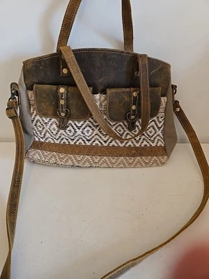 Myra Leather Canvas Woven Sage Green Brown Boho Tapestry Shoulder Tote Bag - Image 1 of 4