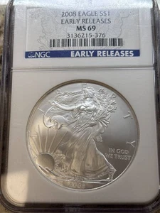 2008 Bullion Silver Eagles NGC MS-69 EARLY RELEASES - Picture 1 of 2