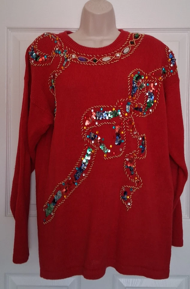 Suéter De Colección Victoria Harbour Joyas Rojas Lentejuelas Cuentas Cinta Talla M Feo Navidad Foto 1 de 4
