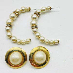 Kunstperlen Strass Creolen + Clip-On Knopf Ohrringe goldfarben Kostüm Set - Bild 1 von 9