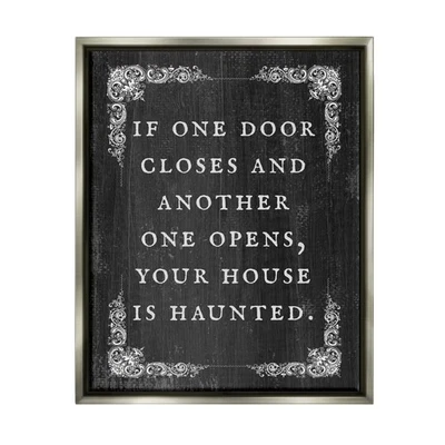 Divertida frase de casa embrujada gris enmarcada flotante lienzo arte de pared diseño por Lil'... Foto 1 de 4