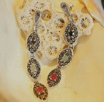 Lang 5,5 cm Ohrstecker Silber Smaragd Rubin Onyx Markasit Verspielt Vintage - Bild 1 von 4