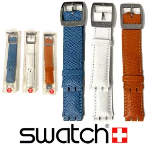 COMO NUEVO Swatch Cuero Genuino Marrón Blanco Azul Correa 18mm Ancho Ajuste 34mm-38mm Estuches - Imagen 1 de 5