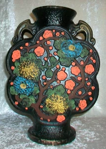 Vintage Black Floral Tokanabe Double Handle Medallion Art Pottery Vase Japan - Picture 1 of 24