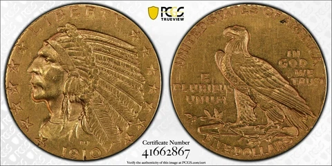 1910 $5 Gold Indian Head Quarter Eagle PCGS XF Detail Cleaned US Mint Coin Cover