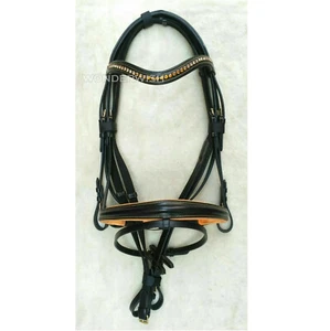 Leather Wave Crystal Browband & Curve Yellow Padded Noseband Horse Bridle 4 Size - Picture 1 of 4