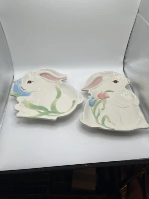 Pier 1 Imports Rabbit Plates Set of 2 Ceramic with Tulips Approx 9" X 8" - Image 1 of 4
