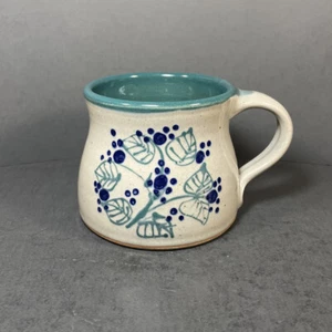 Art Pottery Soup Mug Coffee Cup Gray Blueberry Leaf Green Interior Hand Thrown - Picture 1 of 10