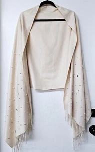 Dog House Pearls 100% Pashmina Cashmere Blend Beige Shell Pearls Fringed Scarf  - Picture 1 of 7
