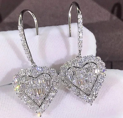 2 Ct Heart Shape Lab Created Diamond 14K White Gold Over Bridal Dangle Earrings - Image 1 of 4