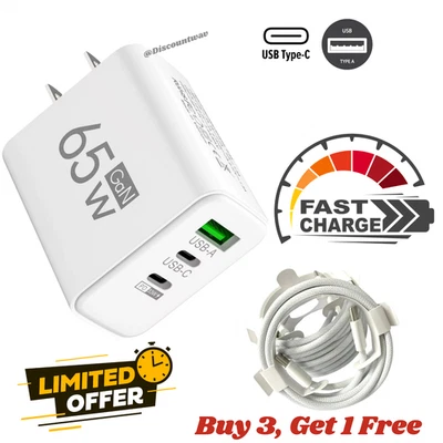 Lote Adaptador de Alimentación de Pared USB C A 3-1 Puerto 65W/20W Bloque Cargador Rápido USB Tipo C Foto 1 de 4