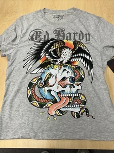 Ed Hardy Herren T-Shirt L Grafik Strass Adler Totenkopf Tattoo grau Rundhalsausschnitt - Bild 1 von 5