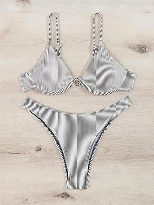 Fanuerg Striped Black and White Push Up Ribbed Cheeky Bikini Set - Size M - Image 1 of 4
