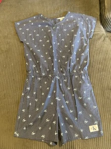 Calvin Klein Girls Jeans Dark Chambray Blue Logo Romper Size L (12/14) - Picture 1 of 6