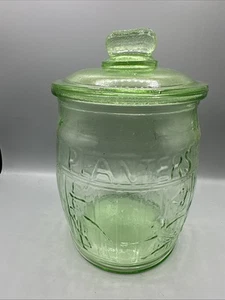 Tarro de vidrio vintage Planters Peanuts Mr. Peanut Green Depression con tapa - Imagen 1 de 11
