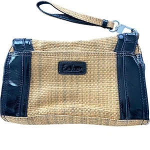 Echo Wristlet Black & Tan Magnetic Closure Lined Faux Leather Straw Lightweight - Picture 1 of 6