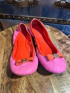 Tory Burch Pink Orange Ballet Leather Flats Shoes 7M Barbie - Picture 1 of 10