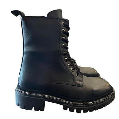 Aqua Aria Leather Combat Boots Rhinestone Trim Lace Up NEW Size 5 - Image 1 of 4