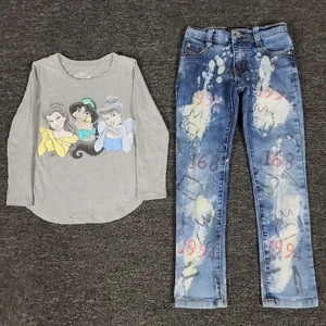 Girls Outfit 4/5 Disney Princess Shirt & Thrill Distressed Jeans School Set - Picture 1 of 9