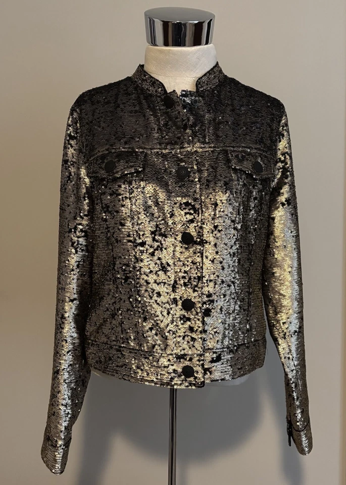 True Religion Sequin Jacket Gold Black Logo Women’s Large NWT - Image 1 of 4
