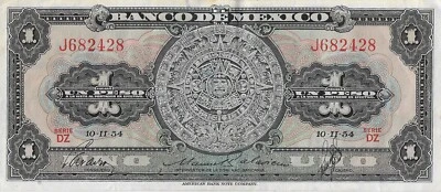 Бывшая в обращении банкнота Мексики номиналом 1 песо серии 10.2.1954 с префиксом DZ J VF-EF - Изображение 1 из 2