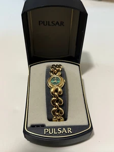 Rare Vintage Gold Tone Pulsar Green Round Dial Chunky Braided Bracelet Watch  - Picture 1 of 11