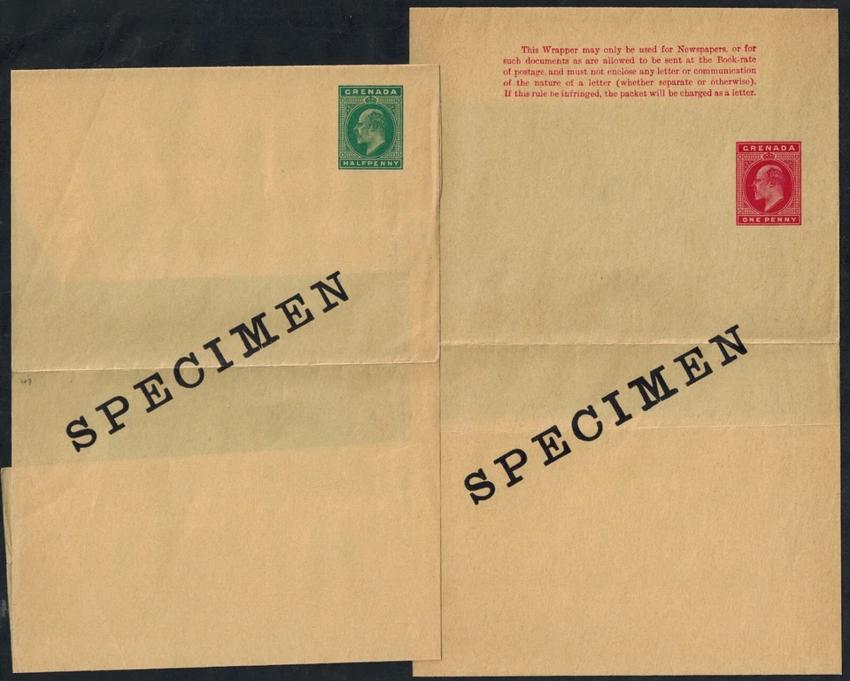 Papelaria postal Granada KE VII 1/2D e 1d embrulhadores com ESPÉCIME OVPT em perfeito estado GEM - Imagem 1 de 1