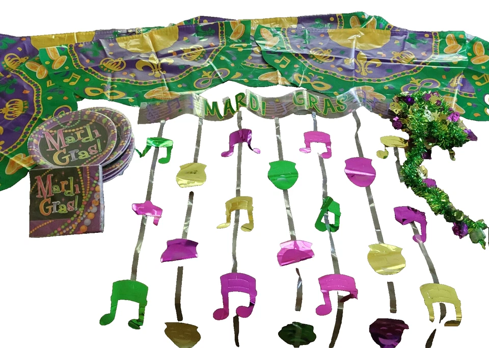 Большой лот товаров для вечеринок Mardi Gras, декор, новые нераспакованные тарелки и салфетки - Изображение 1 из 4