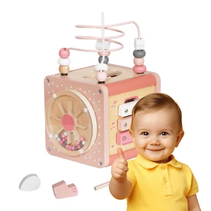 Motorikwürfel Lernspielzeug HOLZ Würfel Motorikschleife Spielzeug Baby ROSA💭 - Bild 1 von 5
