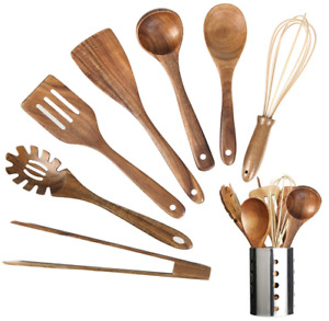 Wooden Kitchen Utensil Set,Wood Utensils Cooking Set Organic Teak Wood Spoons