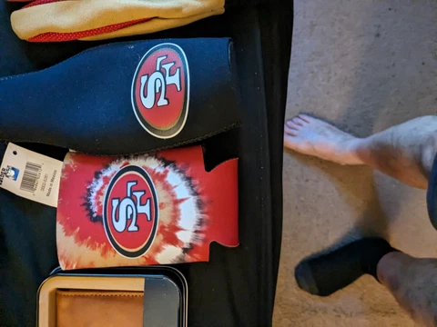 49ers Mixed Lot Nfl Two Beer Coozies.  Ok Leather Wallet And Gloves Worn Once Cover