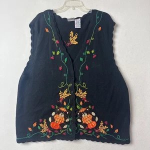 Bobbie Brooks Women sweater vest sz 26W 28W Fall harvest pumpkin bears black - Picture 1 of 7