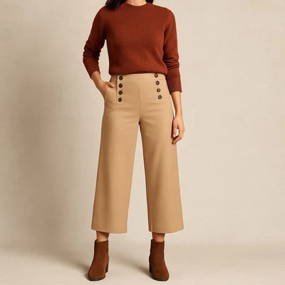 Ann Taylor Khaki Crop Wide Leg Pants 10 Petite Sailor Buttons High-Rise Casual - Image 1 of 4