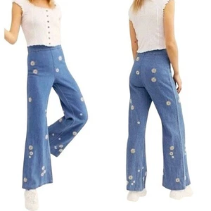 Free People Daisy Embroidered High Rise Wide Leg Retro Denim Jeans Damen 28 - Bild 1 von 12