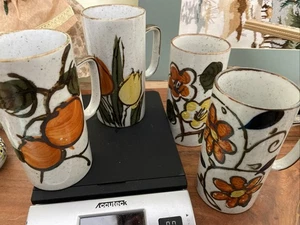Vtg Otagiri TALL Speckled Stoneware Floral FLOWERS Mug SET OF 4 Tulip Orange - Picture 1 of 6
