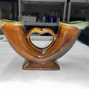 Vintage Van Briggle Pottery Double Cornucopia Heart Vase . Some Crazing - Picture 1 of 13