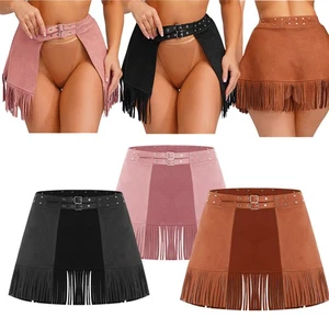 Womens 70s Western Cowgirl Hippie Faux Suede Open Front Mini Skirt Clubwear - Picture 1 of 50