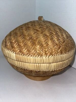 "Cesta de mimbre tejida hecha a mano con tapa almacenamiento decorativo ratán natural 9x9x8""" Foto 1 de 4