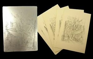 Two engraved metal plates & 5 prints;Old Book Shop (San Francsico) & snow scene - Picture 1 of 6