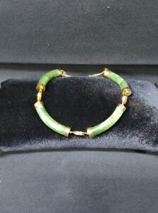 Vtg Gold Tone Green Nephrite ? Jade Curved Bar Link Bracelet Safety Chain