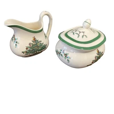 Spode Christmas Tree Gold Sugar Bowl W Lid. & Creamer Set - Image 1 of 4