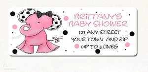 Pink and Black Polka Dot Elephant Baby Shower Personalized Return Address Labels - Picture 1 of 5