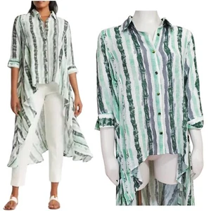 PATRIZIA LUCA MILANO High Low Lagenlook Shirt Dress Size L Green Stripe Duster - Picture 1 of 12