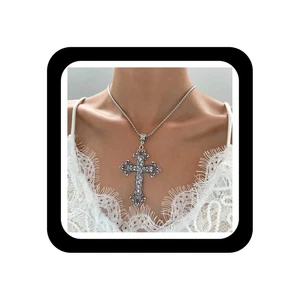 Gothic Silver Cross Necklace Large Engraved Flower Cross Necklace Vintage Rel... - Picture 1 of 1