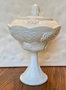 Milk glass footed candy dish with lid Indiana grape leaf harvest - Picture 1 of 8